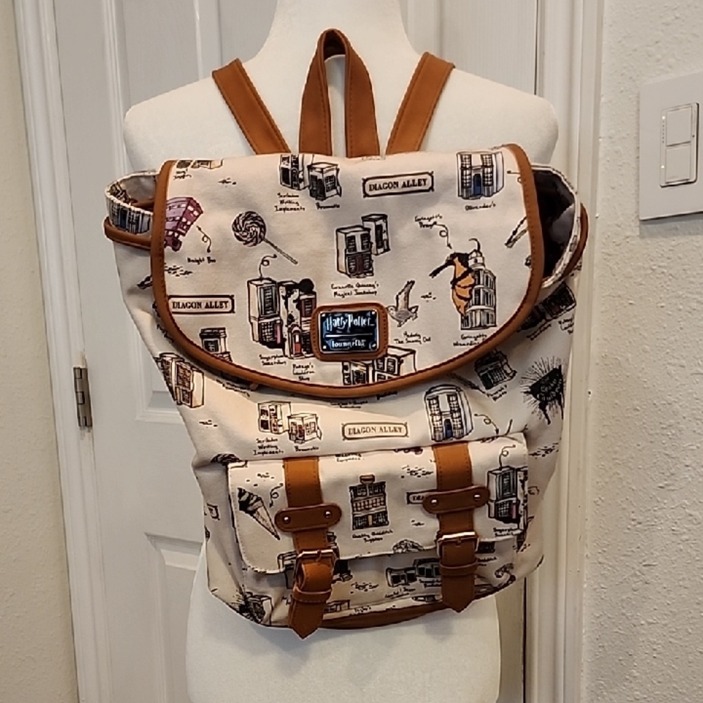 Loungefly Cream and Brown Harry Potter Diagon Alley Canvas Backpack